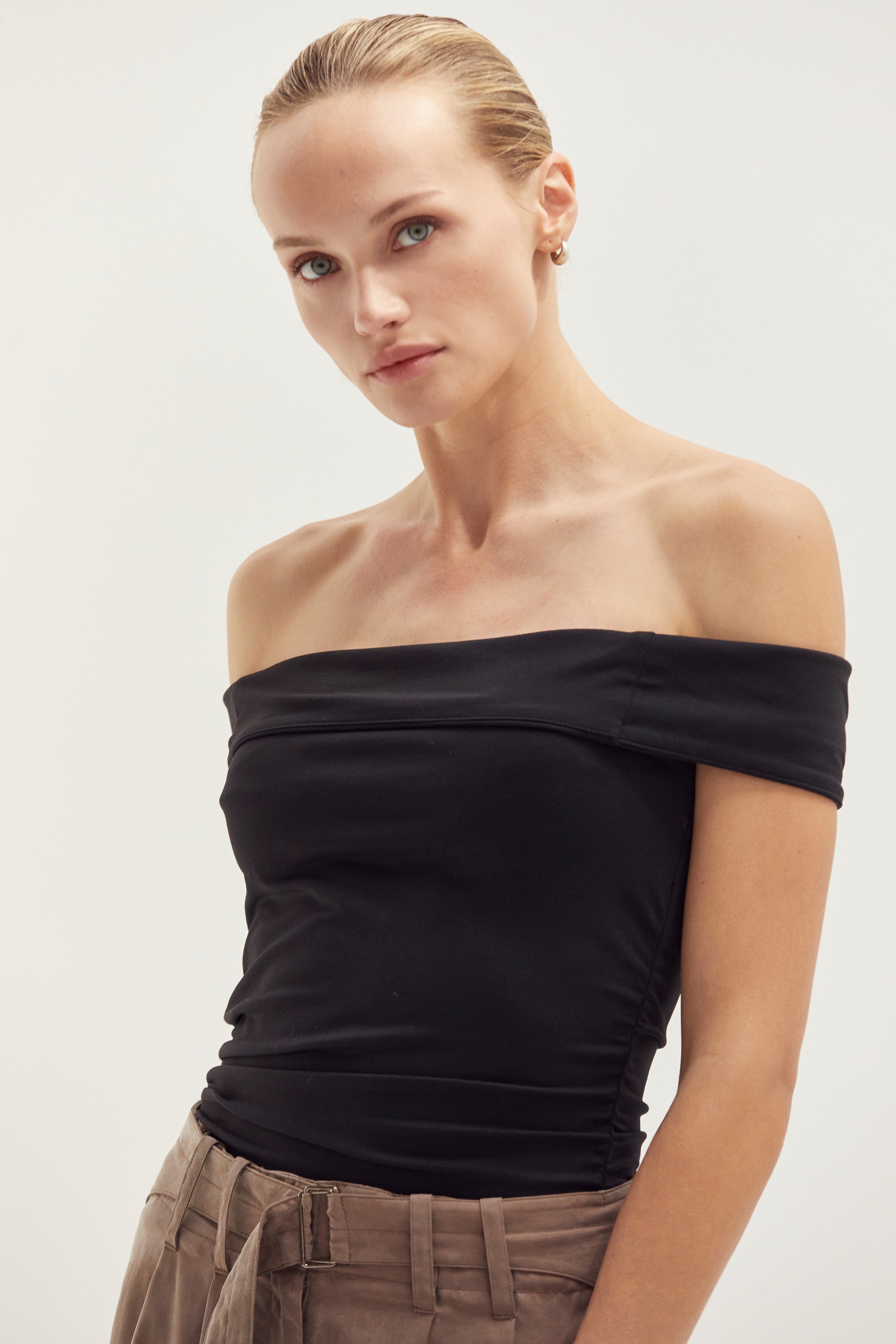 Off Shoulder Ruched Knit Top