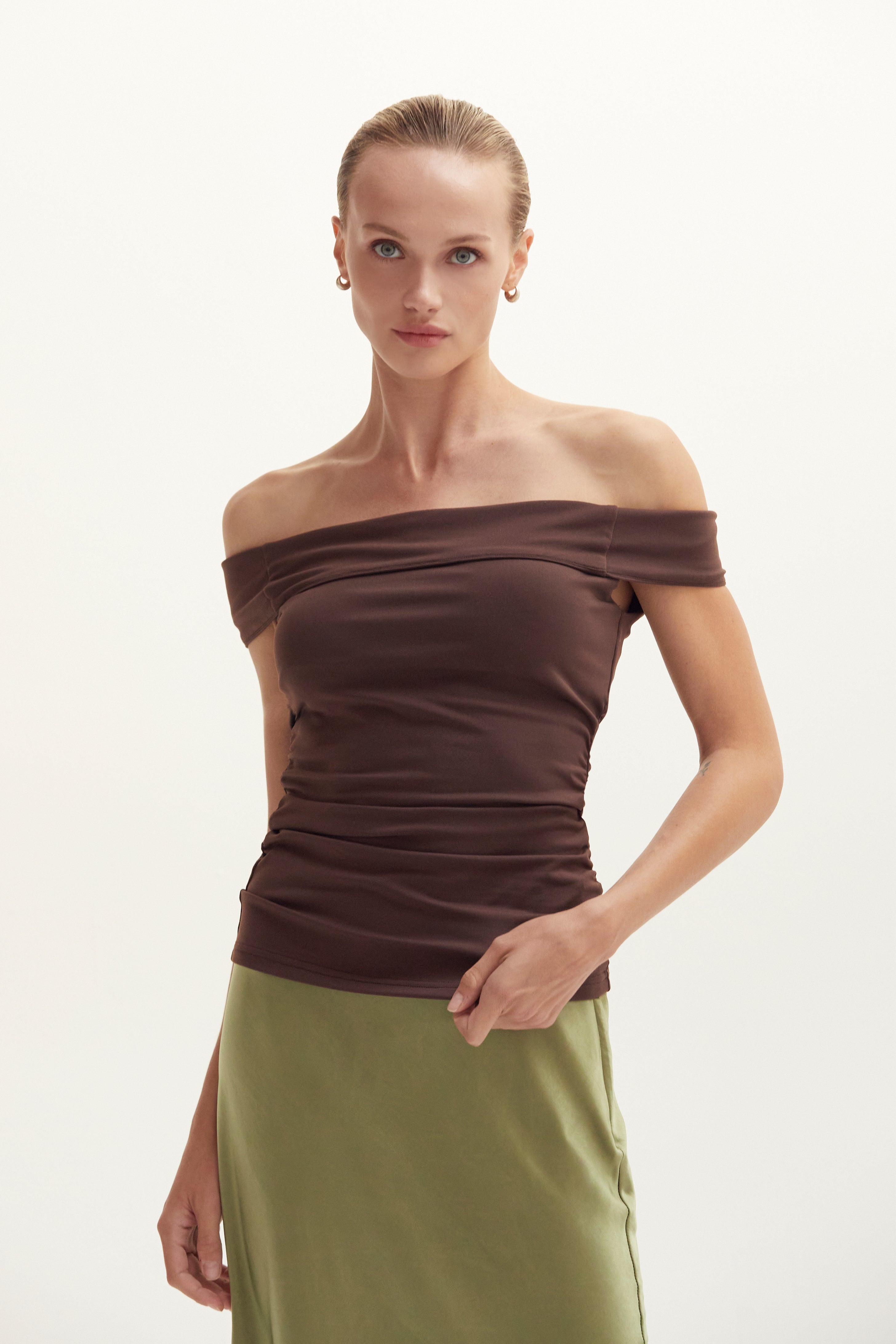 Off Shoulder Ruched Knit Top
