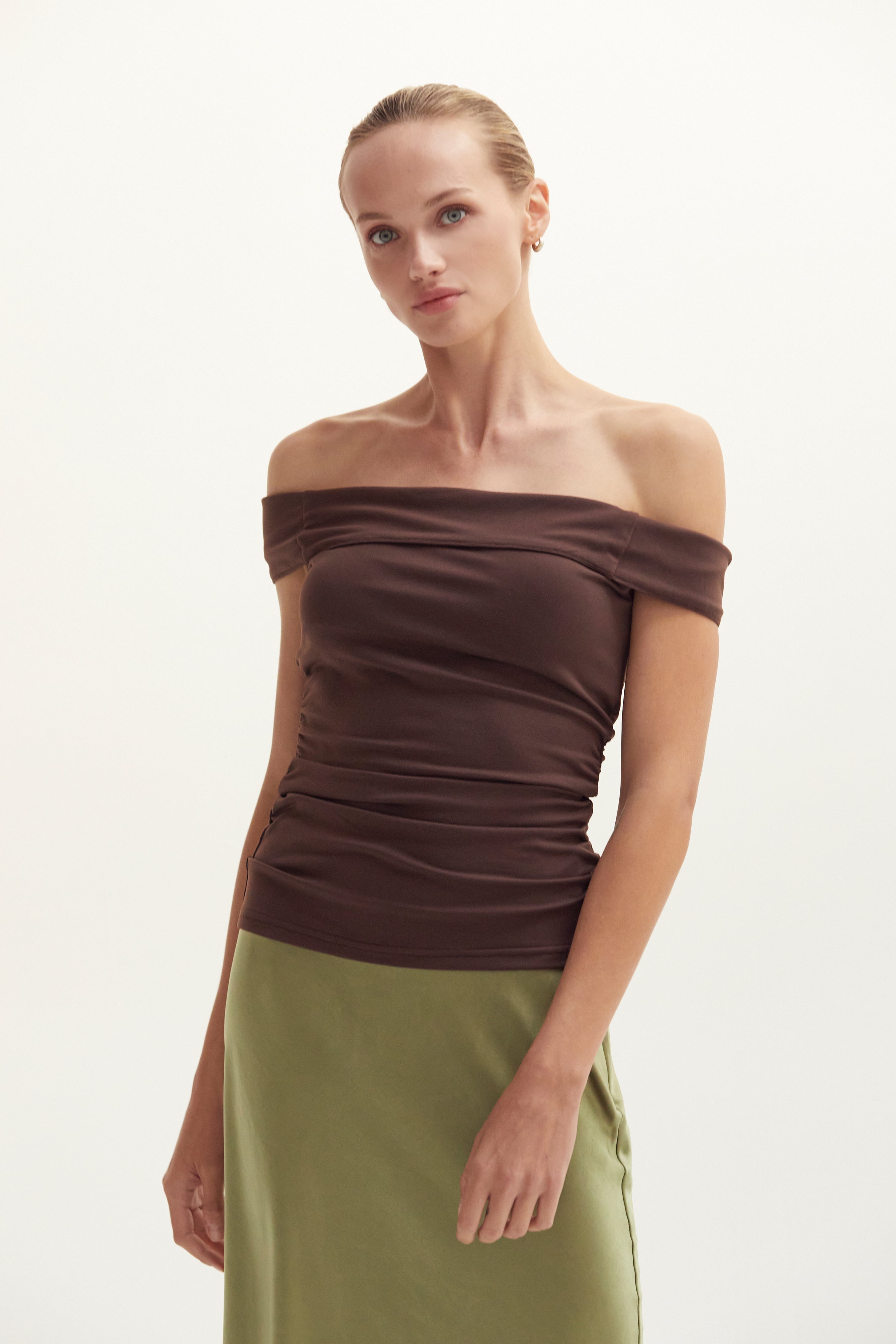 Off Shoulder Ruched Knit Top