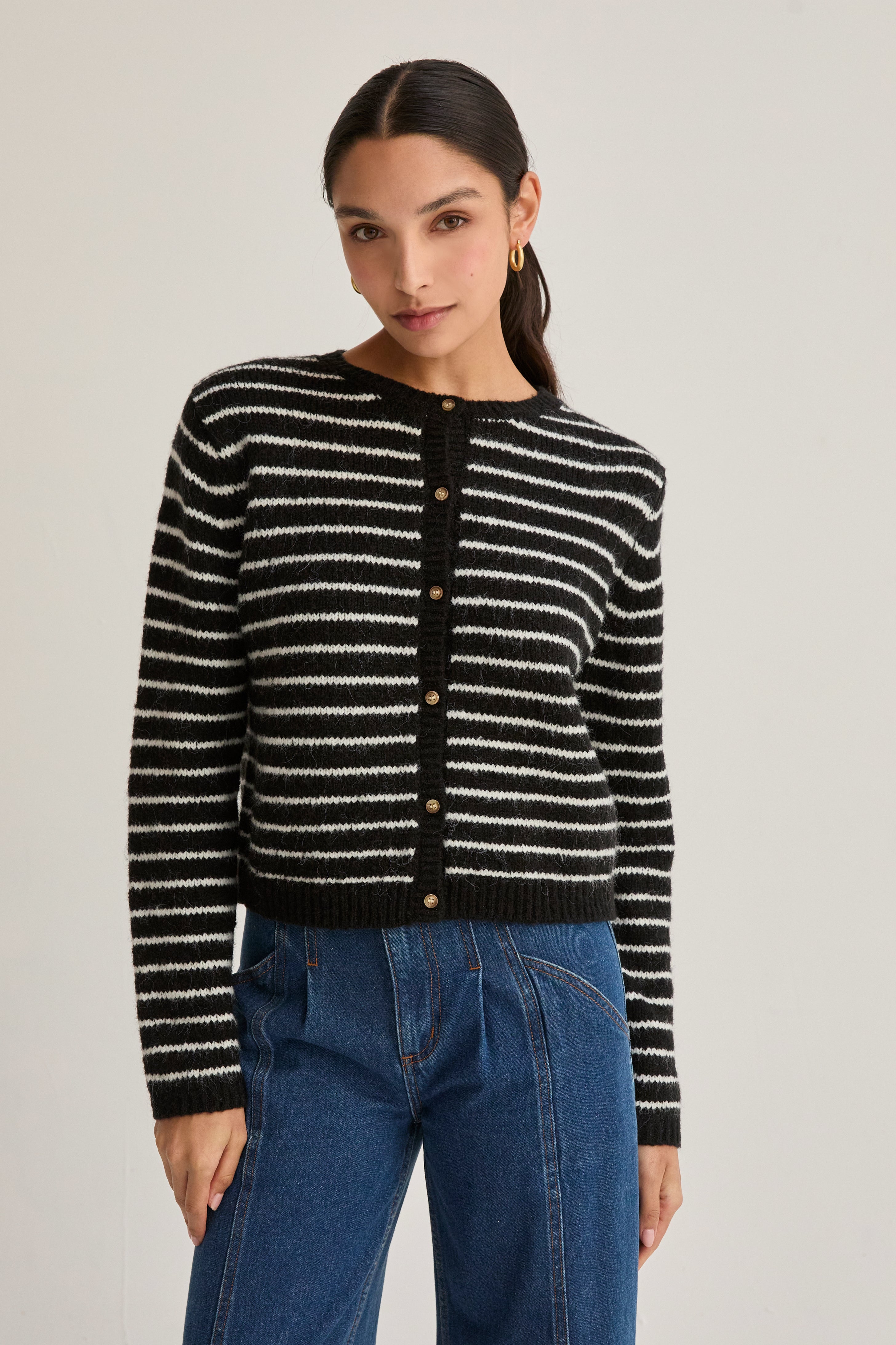Crew Neck Striped Cardigan