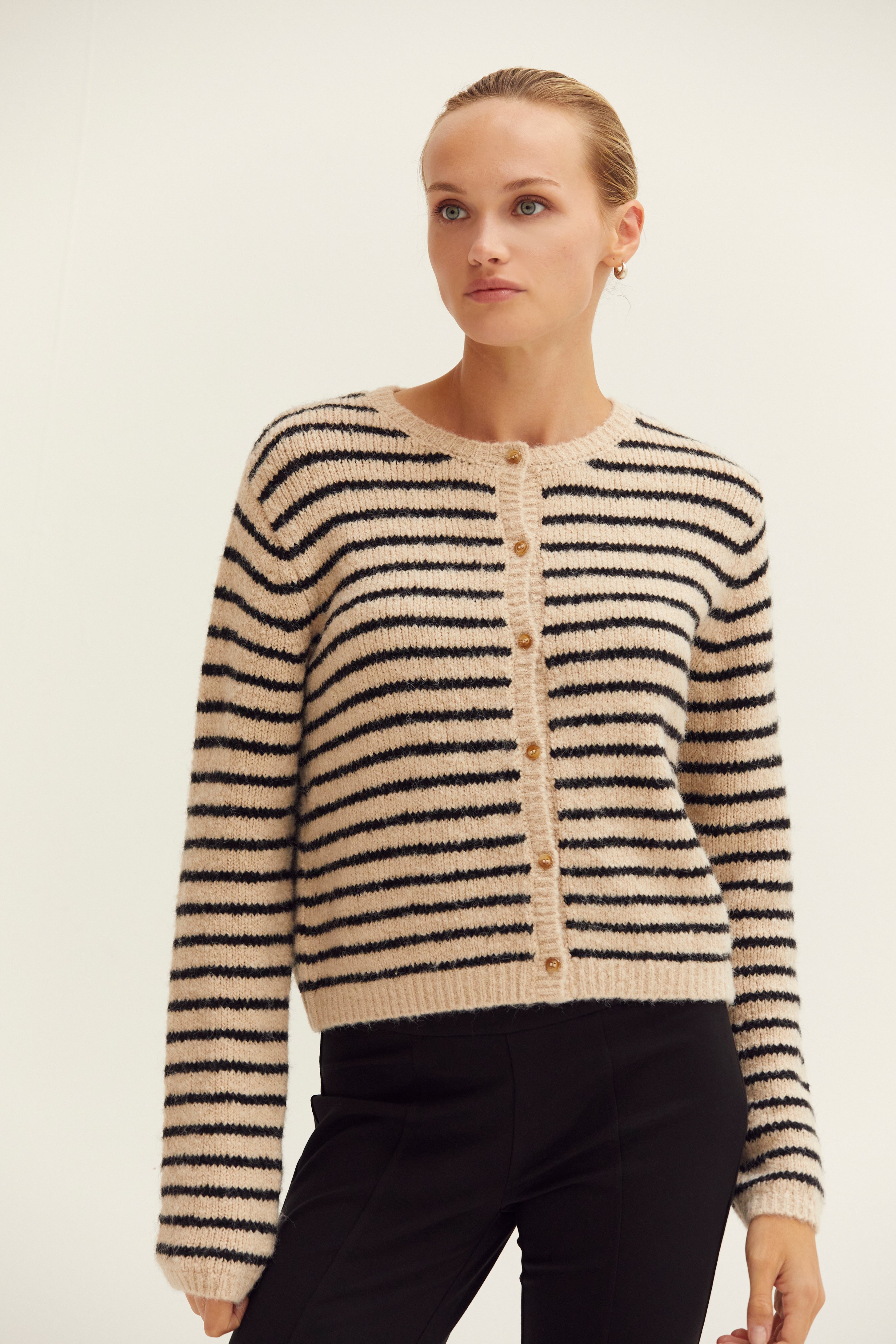 Crew Neck Striped Cardigan