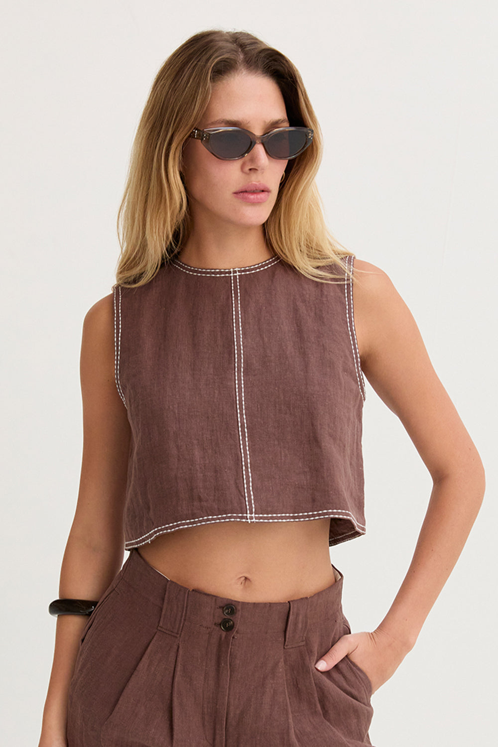 Contrast Stitch Linen Crop Top