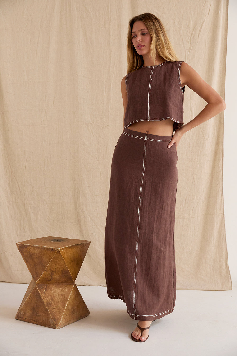 Contrast Stitch Linen Crop Top