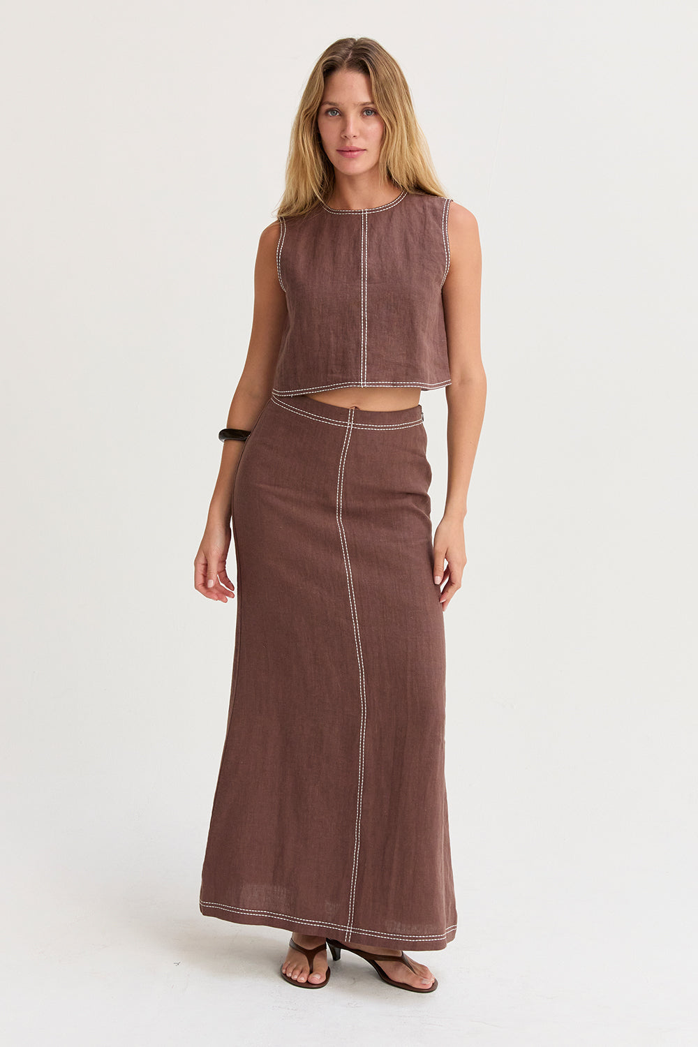 Contrast Stitch Linen Crop Top