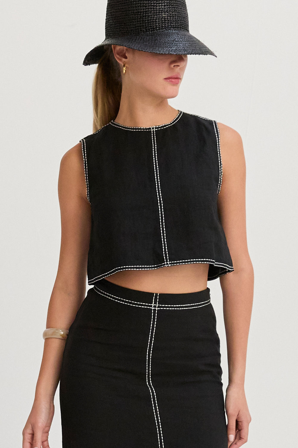 Contrast Stitch Linen Crop Top