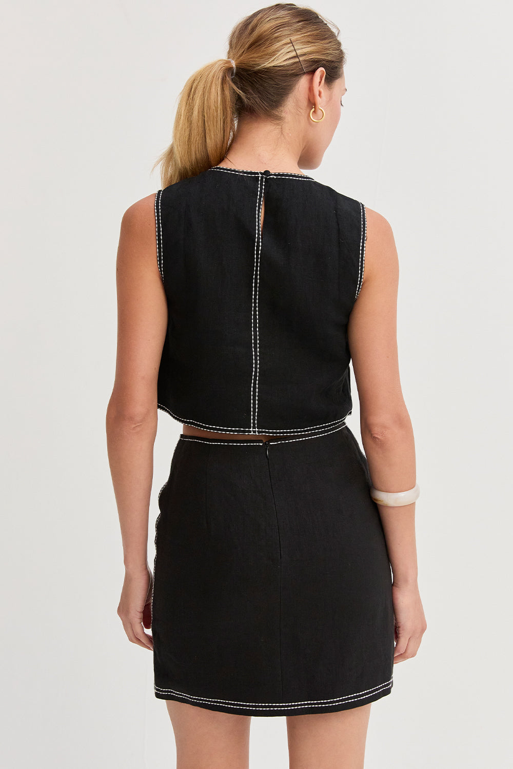 Contrast Stitch Linen Crop Top