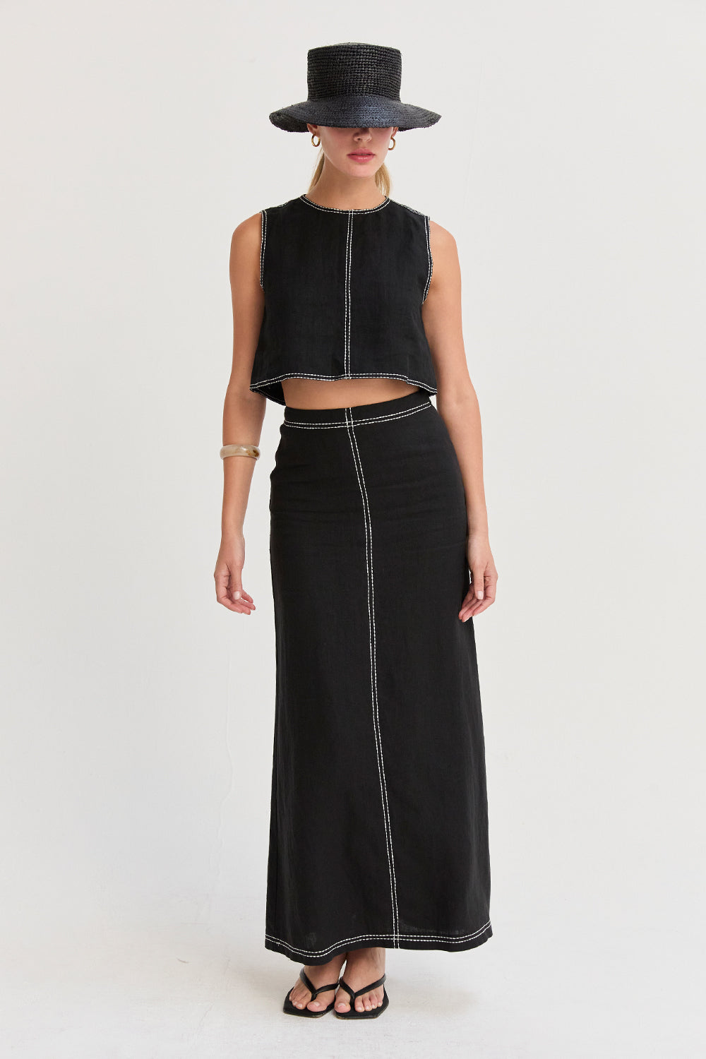 Contrast Stitch Linen Crop Top