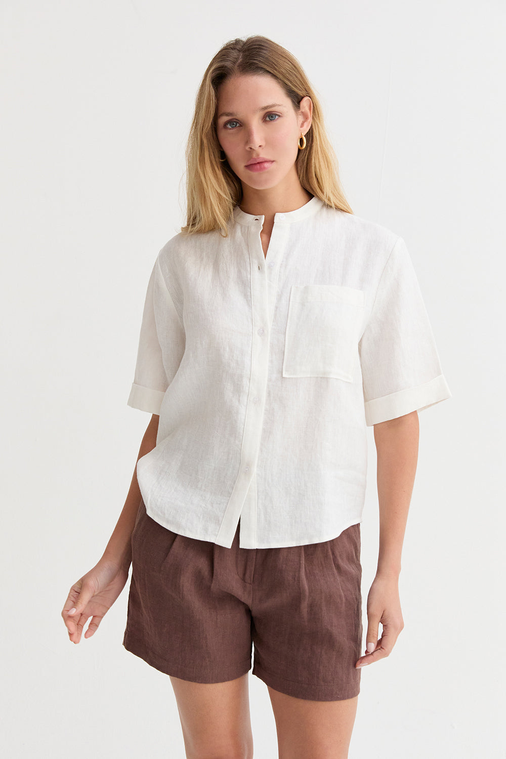Mandarin Collar Linen Button Up Top