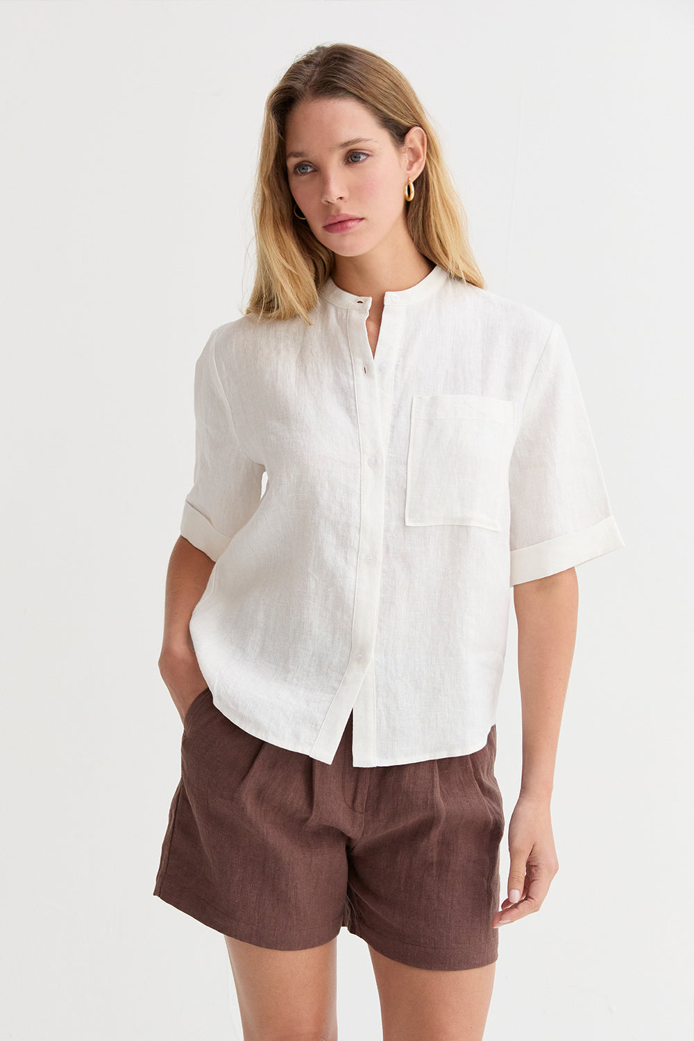 Mandarin Collar Linen Button Up Top