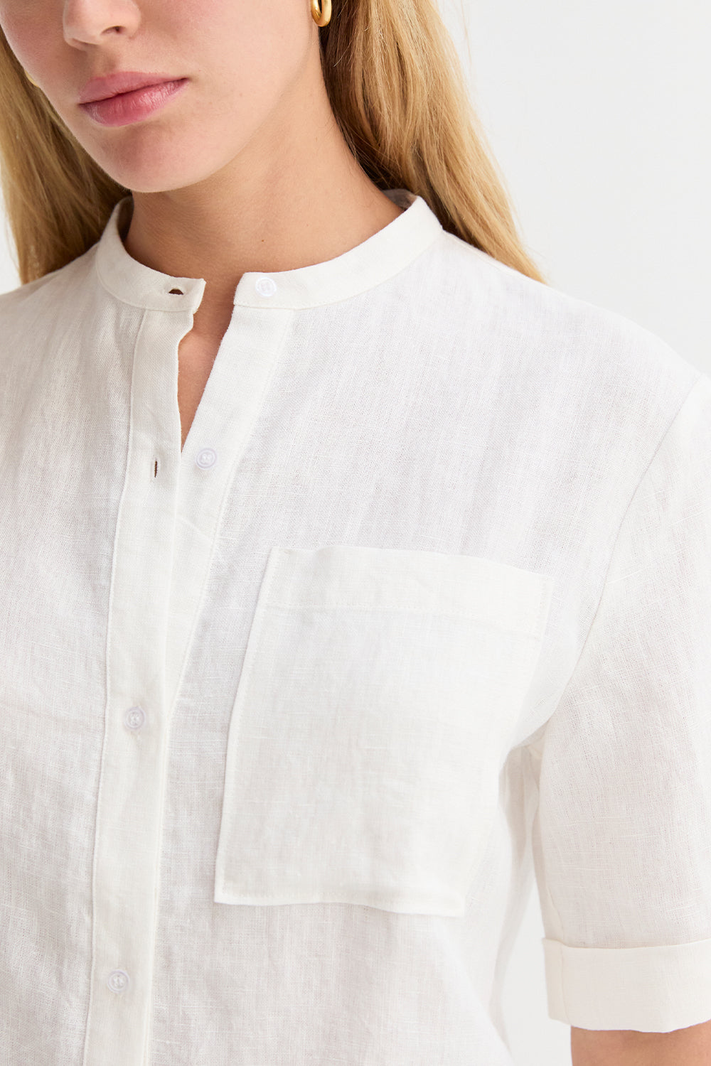 Mandarin Collar Linen Button Up Top