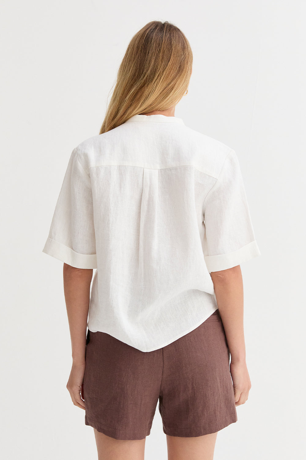 Mandarin Collar Linen Button Up Top