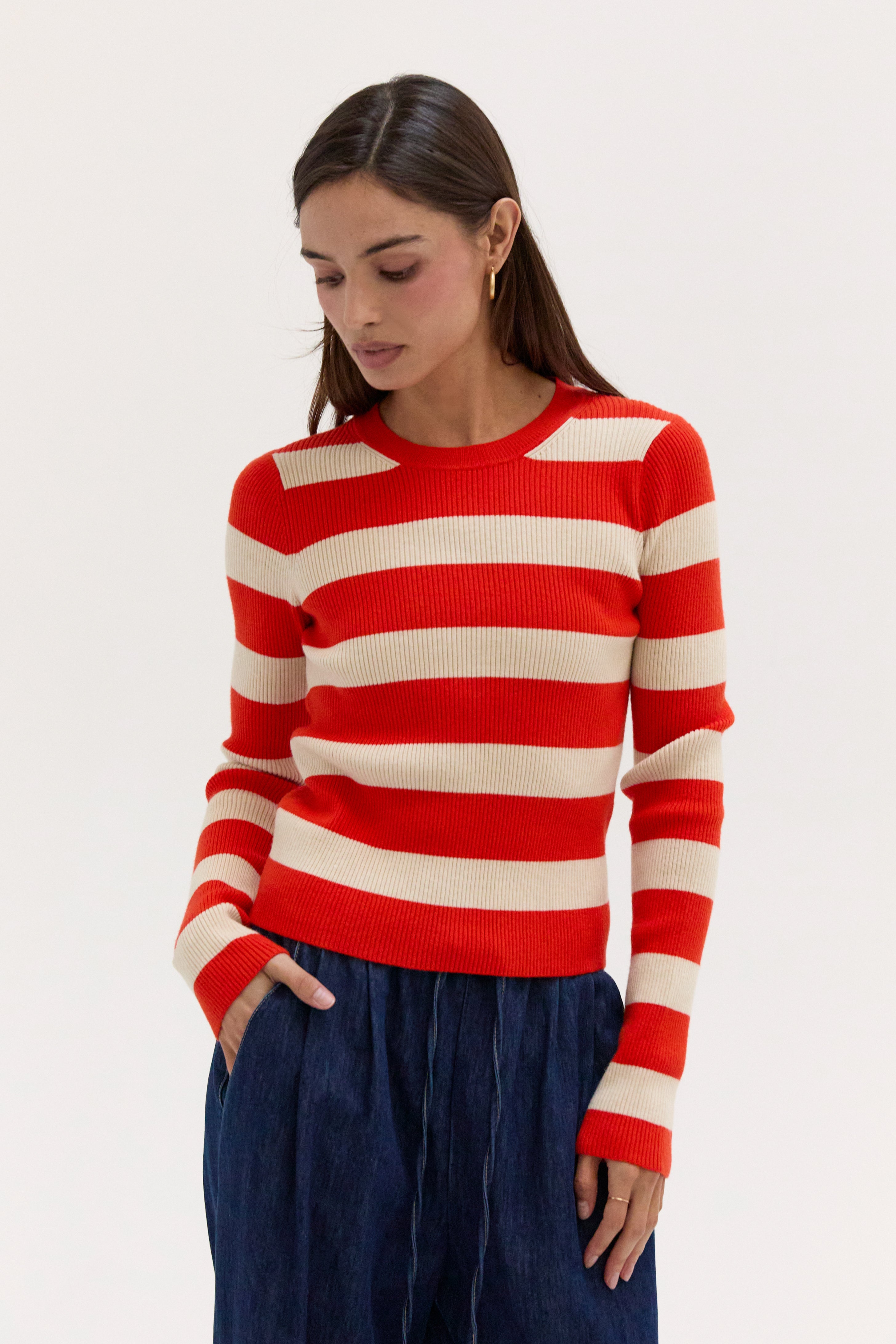 Striped Long Sleeve Ribbed Knit Top