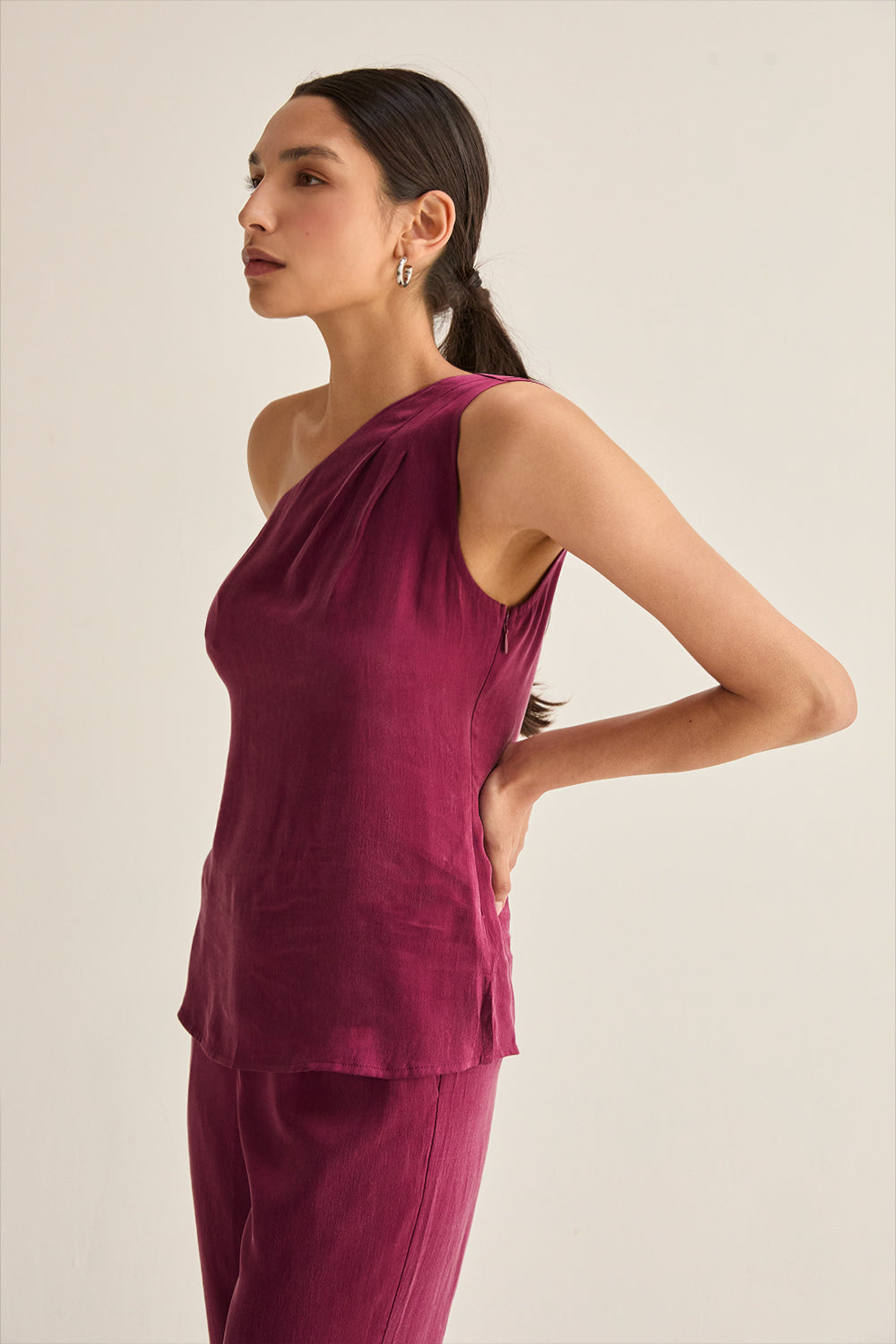 One Shoulder Cupro Sleeveless Blouse