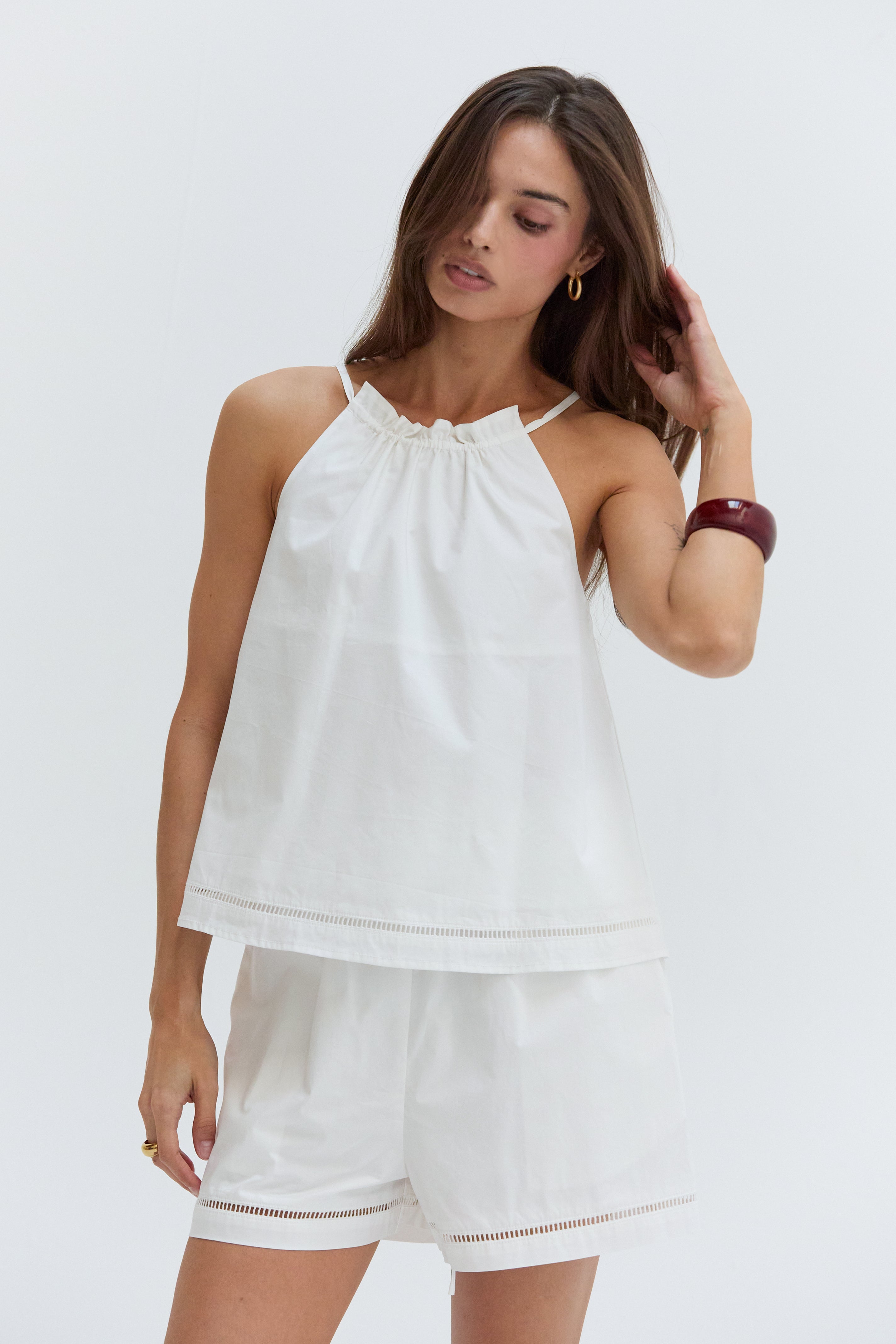 Poplin Lattice Trim Halter Top