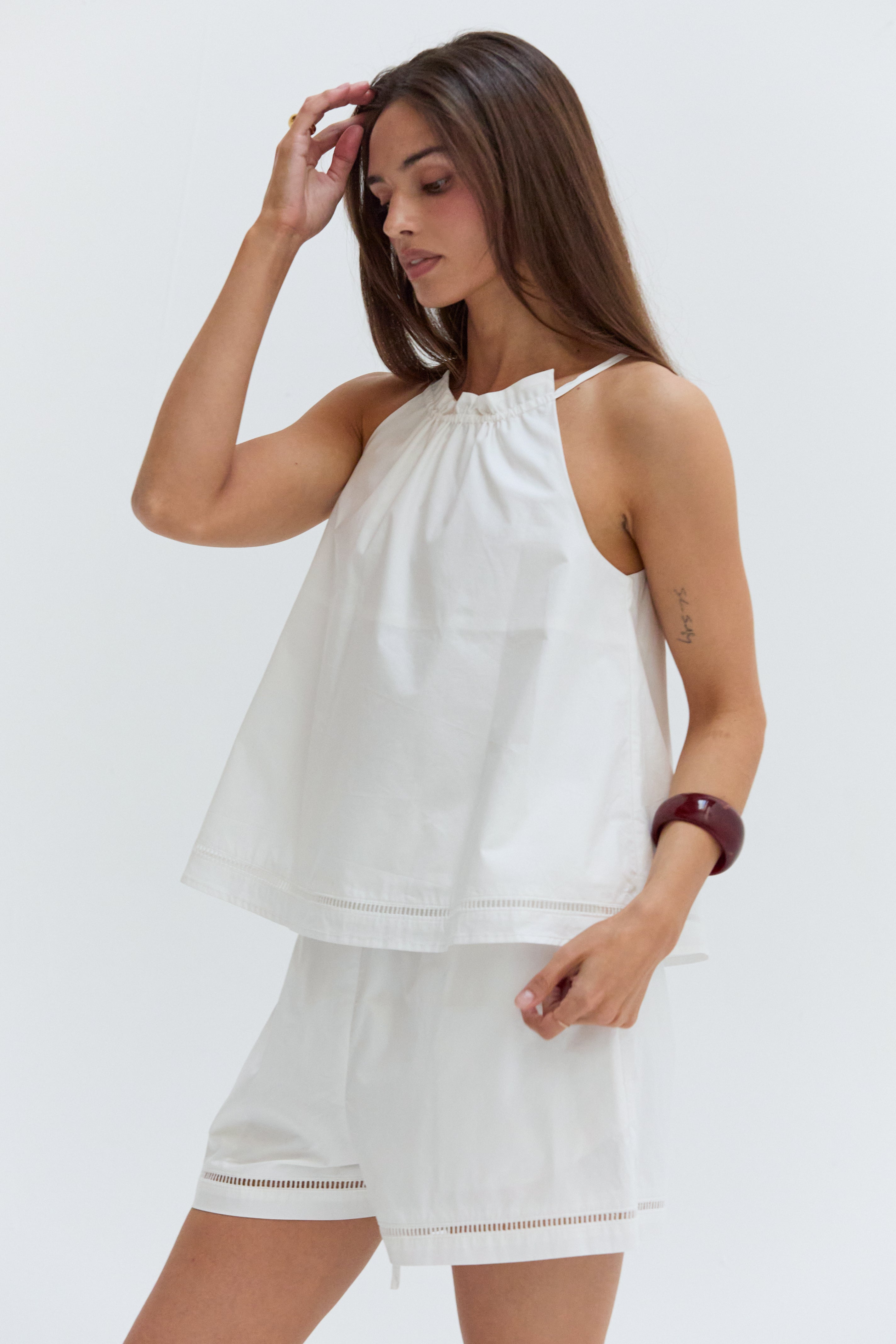 Poplin Lattice Trim Halter Top