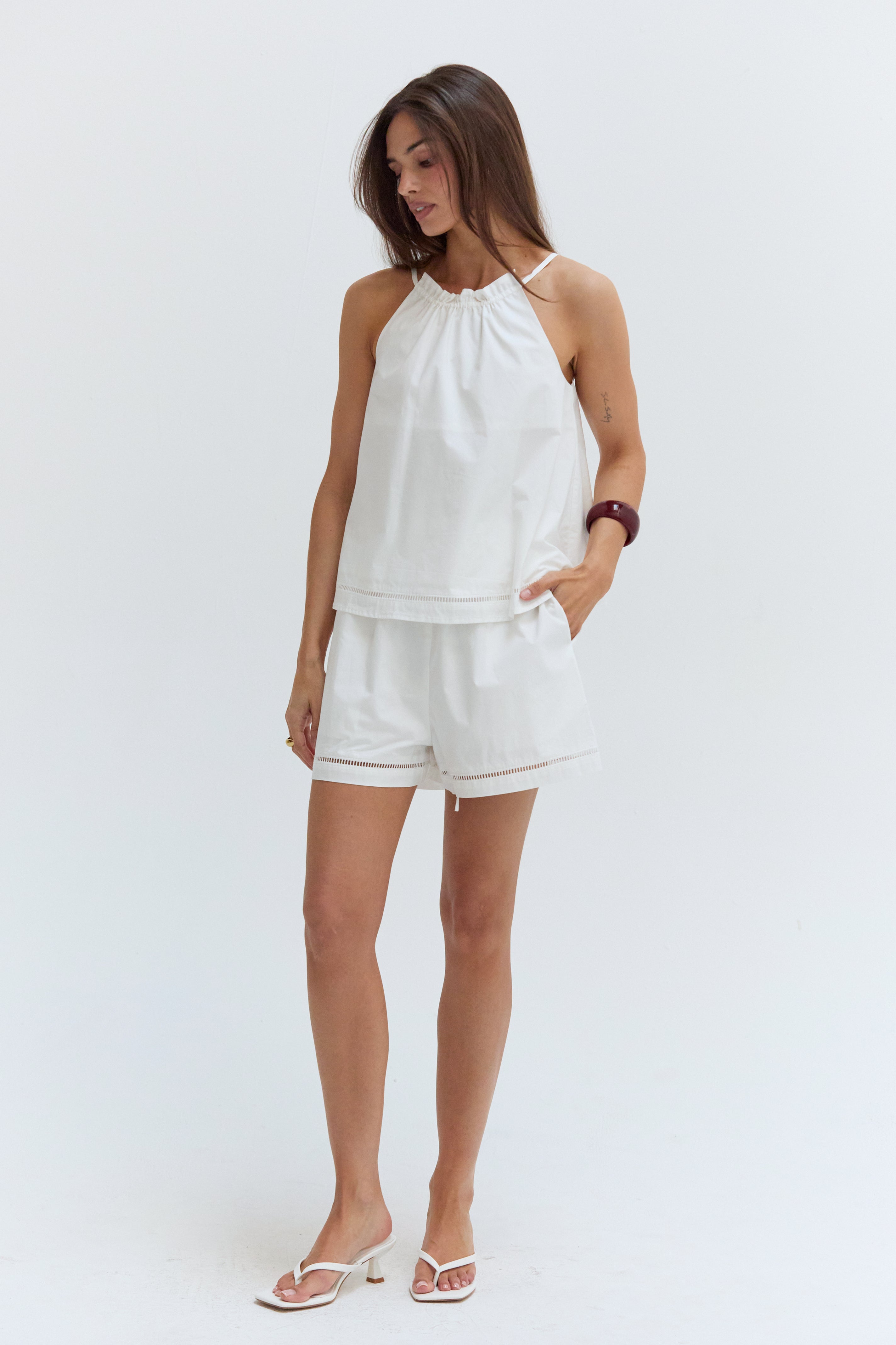 Poplin Lattice Trim Halter Top