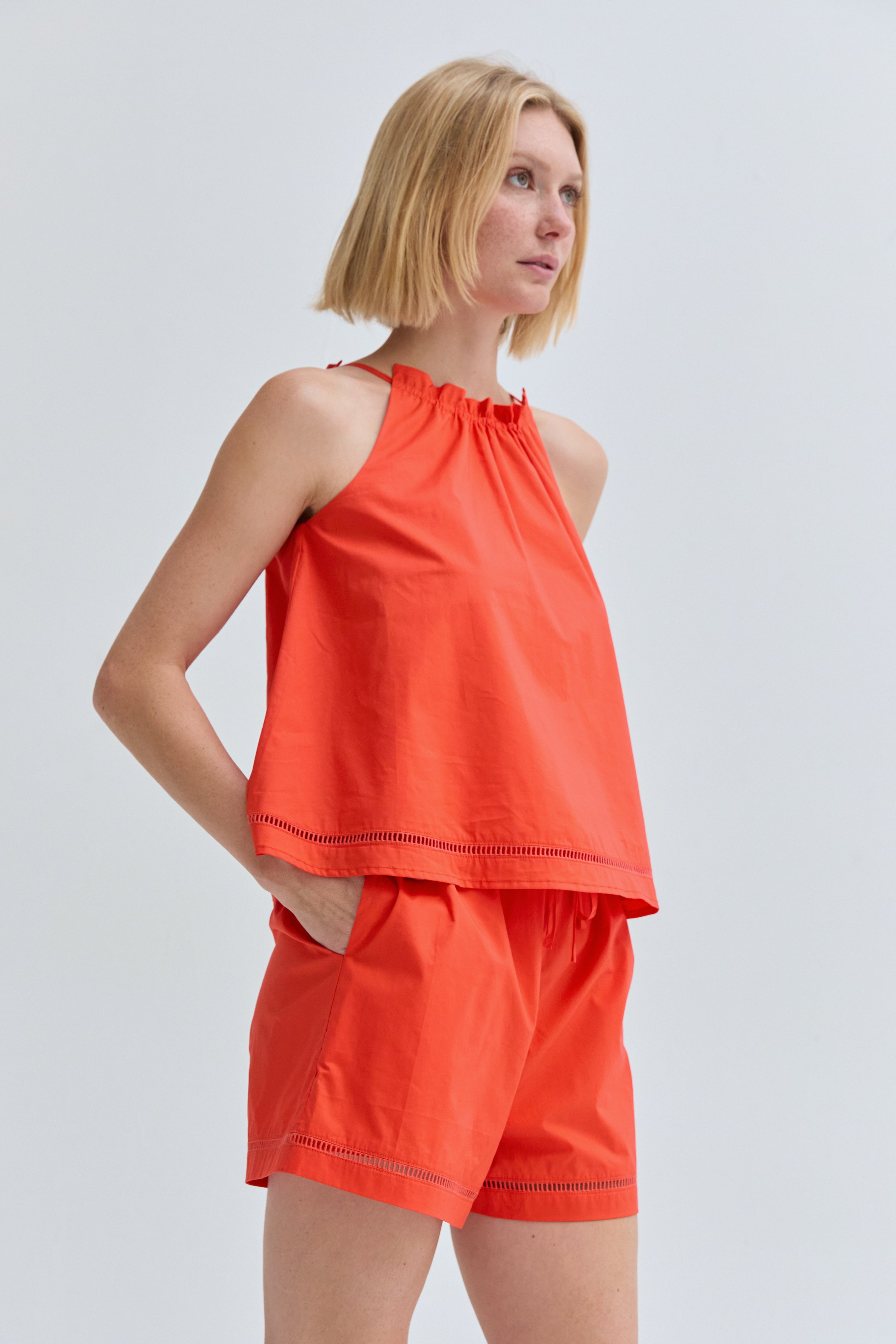 Poplin Lattice Trim Halter Top