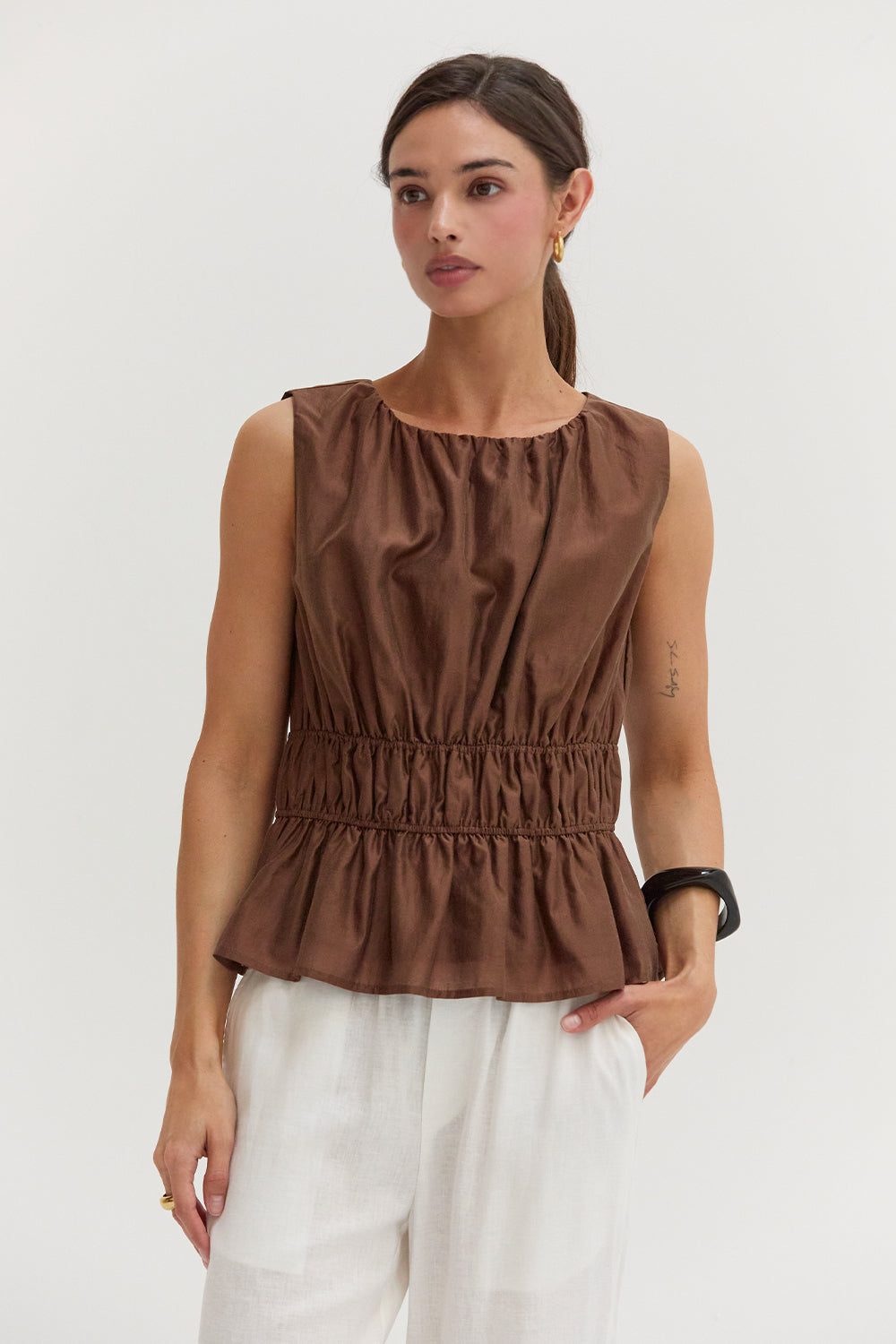 Tencel Blend Ruched Sleeveless Blouse
