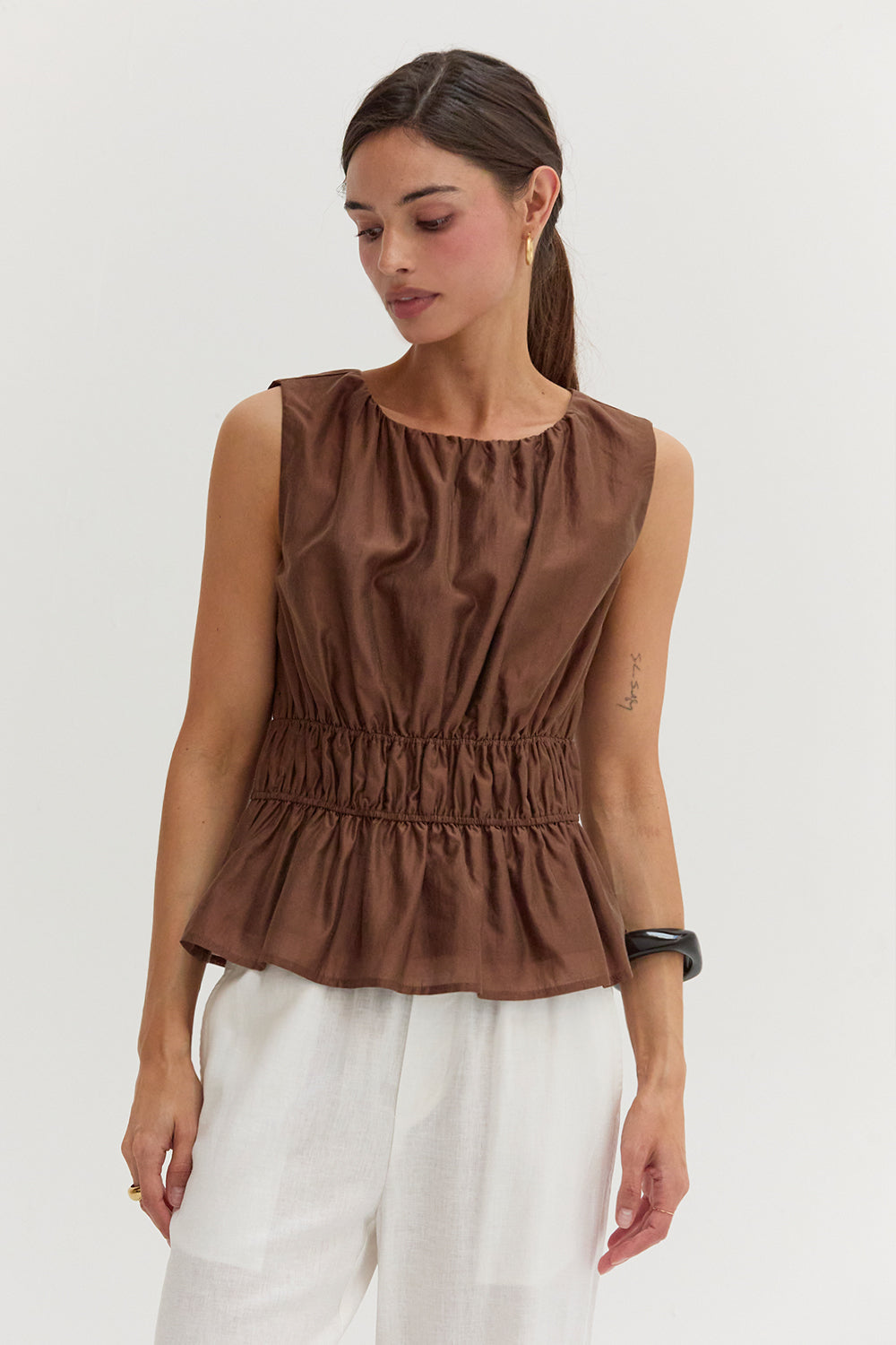 Tencel Blend Ruched Sleeveless Blouse