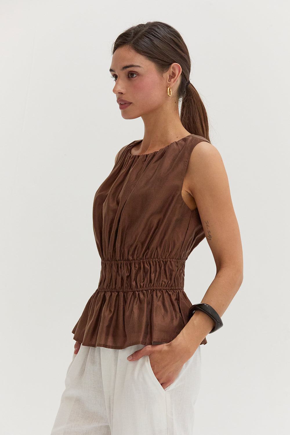 Tencel Blend Ruched Sleeveless Blouse