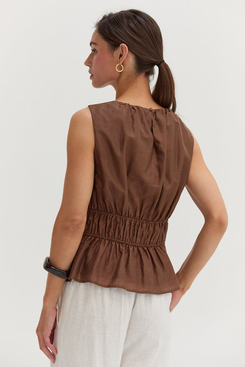 Tencel Blend Ruched Sleeveless Blouse