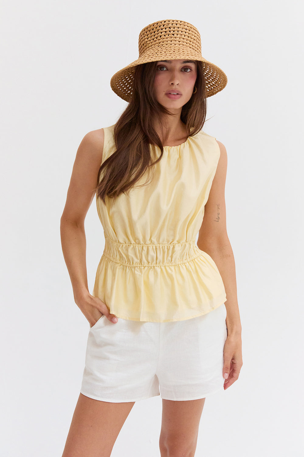 Tencel Blend Ruched Sleeveless Blouse
